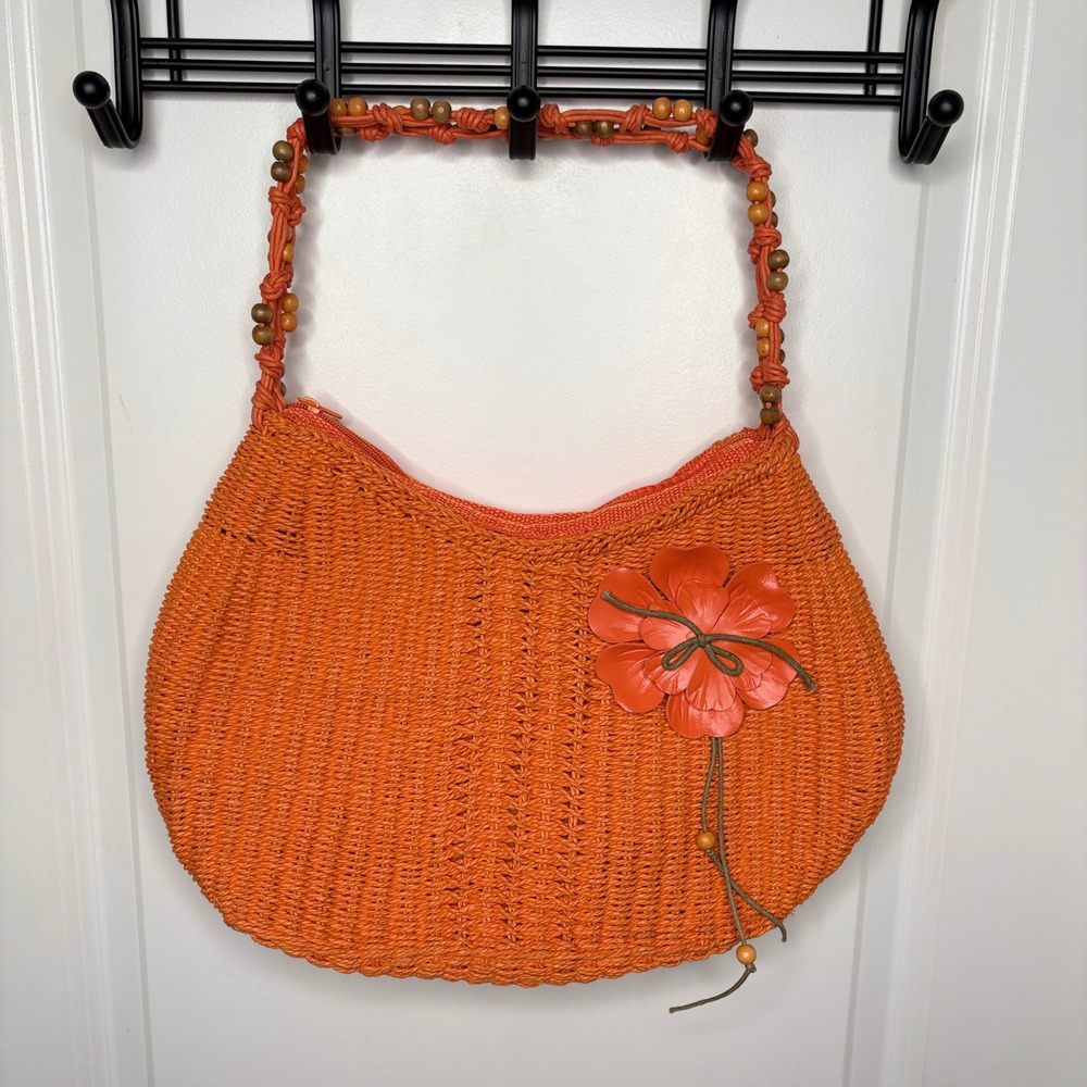 Boho Chic Orange Woven Straw Flower Shoulder Bag with Beaded Strap Hobo Purse